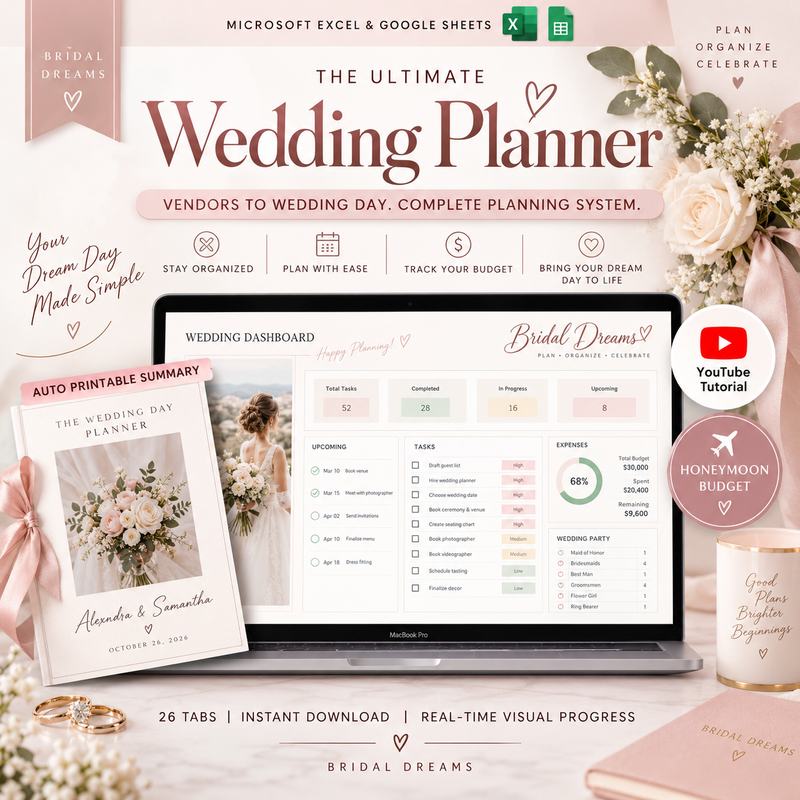 Ultimate Wedding Planner Spreadsheet | Google Sheets & Excel Wedding Planner | Budget Tracker, Guest List, RSVP, Vendor & Wedding Checklist