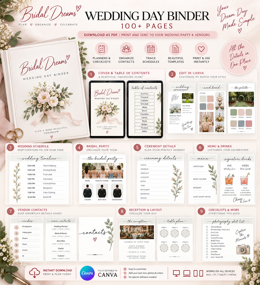 Wedding Day Binder Template | 100+ Editable Canva Pages