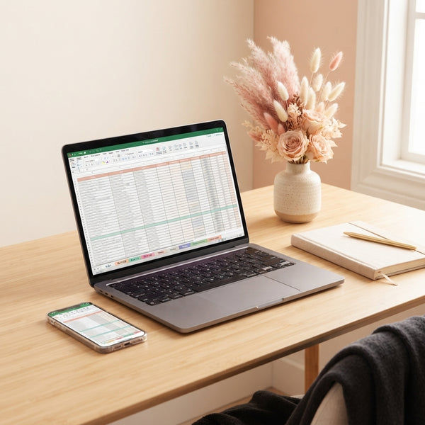 A modern laptop and smartphone on a desk showing an organized digital spreadsheet for wedding planning.