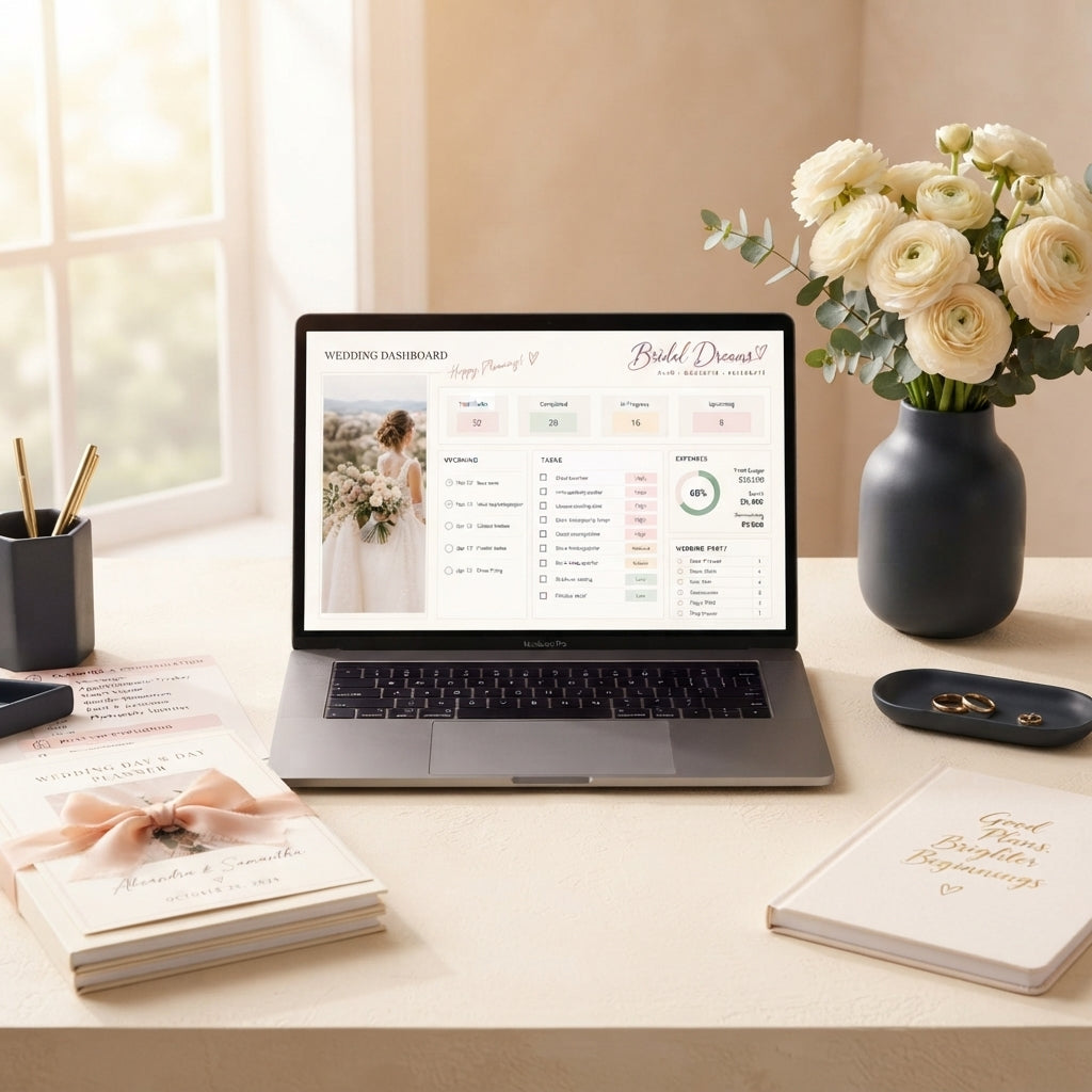 A laptop screen displaying an organized wedding planning dashboard on a desk with floral arrangements and wedding planning st